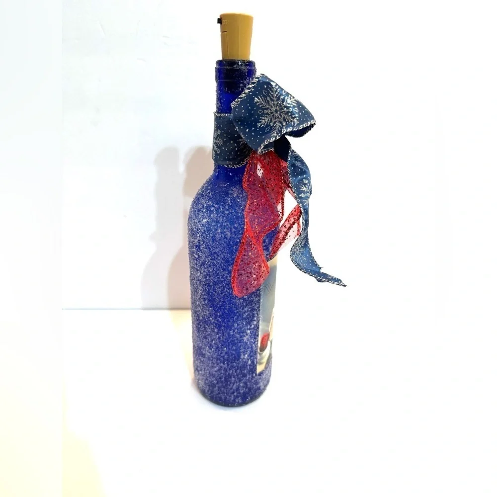 NEW OOAK Blue Santa Icy Lighted Christmas Wine Bottle Holiday Decor